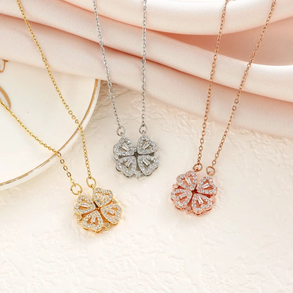 LovaCharm™ 4-in-1 Magnetic Heart & Clover Necklace – Love, Luck, and a Touch of Magic